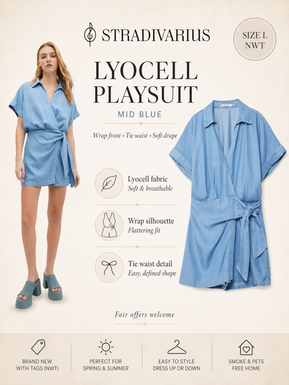 Stradivarius Blue Lyocell Wrap Playsuit Romper Size L NWT Tie Waist Short Sleeve